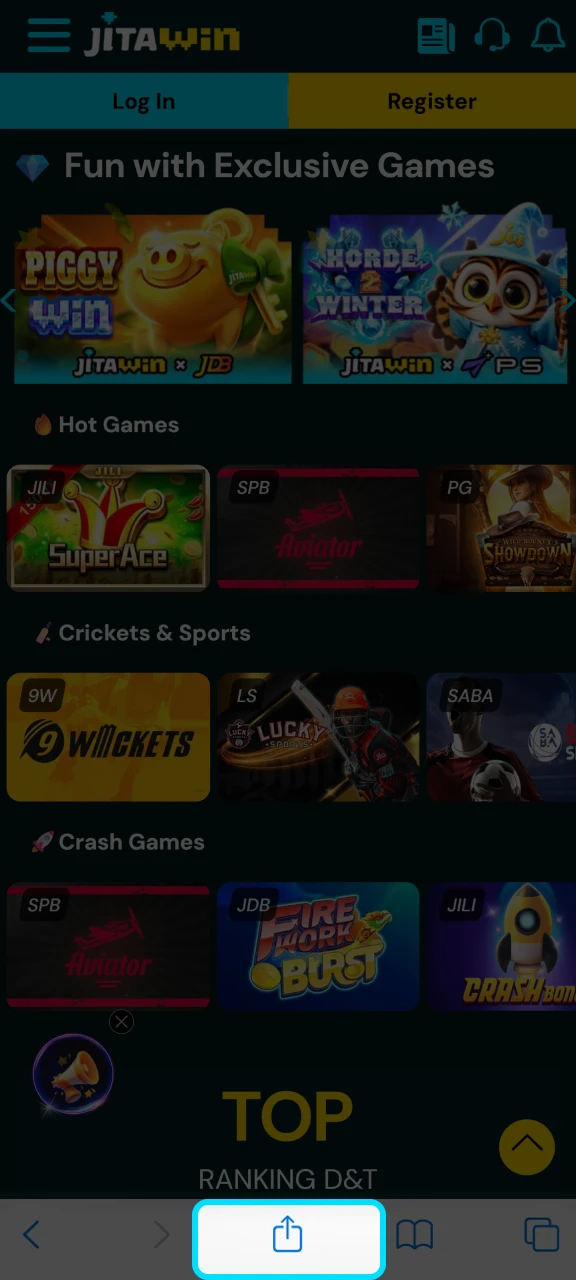 Tap Share to open the menu and add a JitaWin shortcut.
