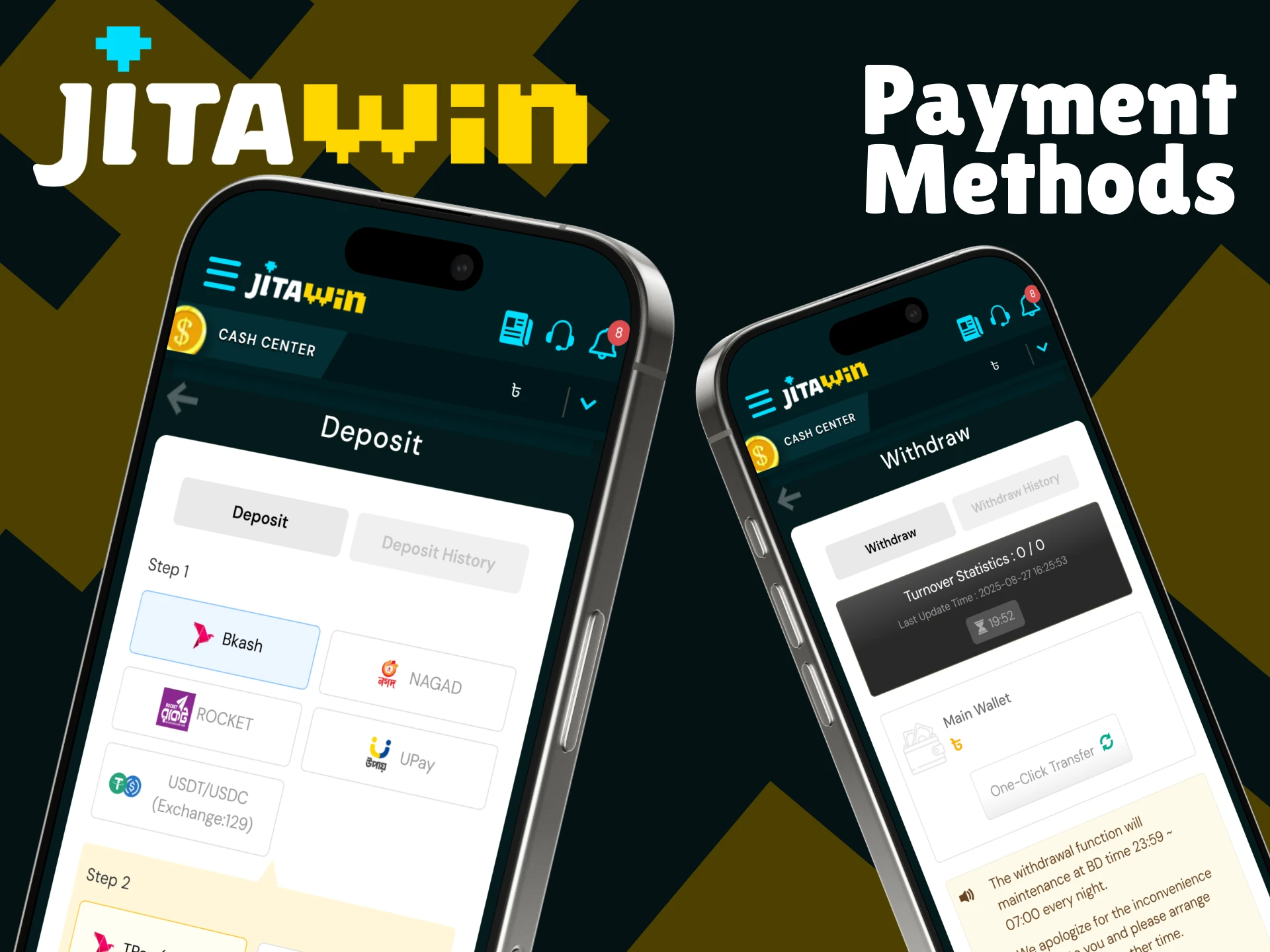 Check out the available payment methods in the JitaWin app.