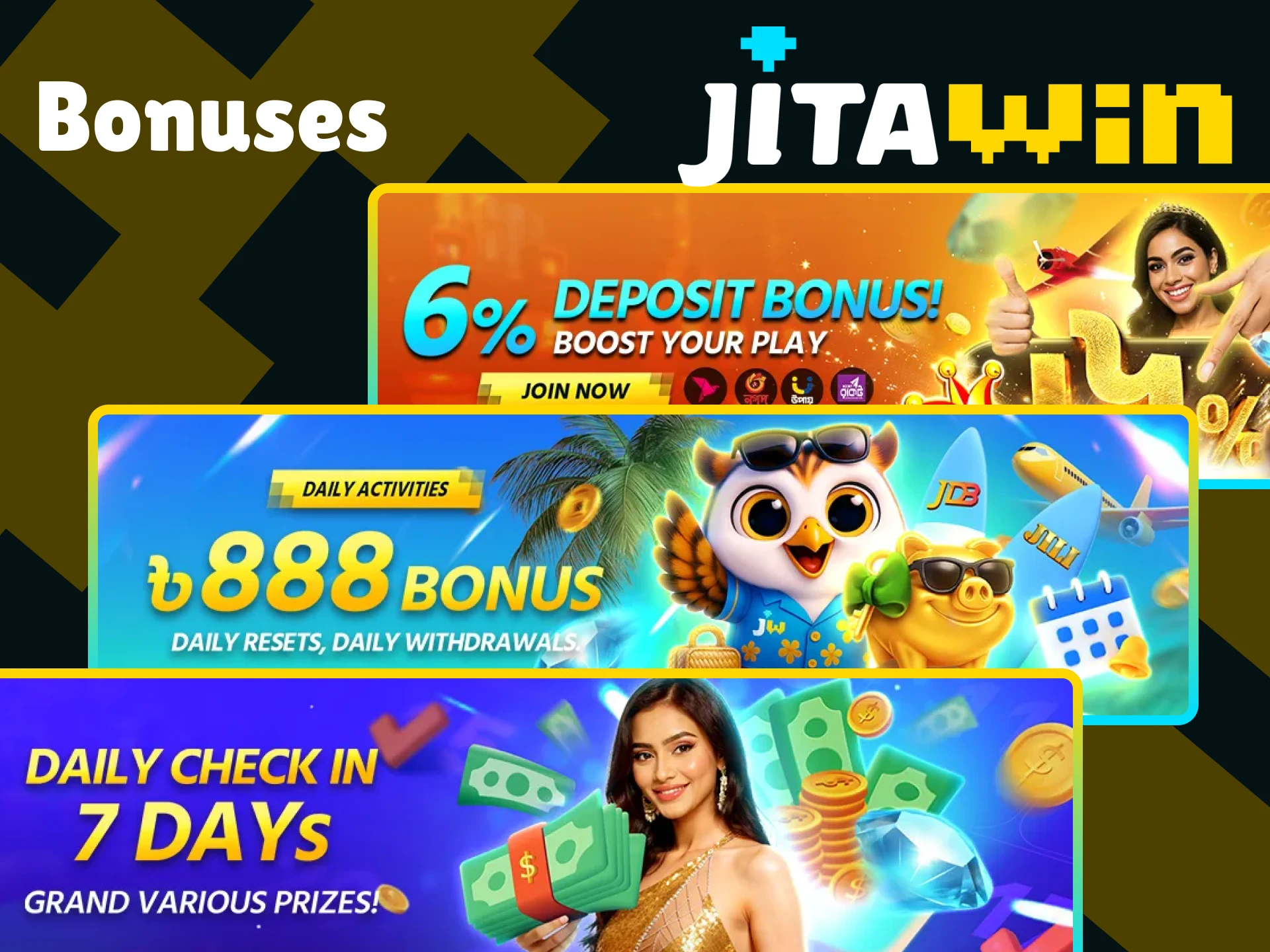 Receive a variety of bonuses on the JitaWin website.