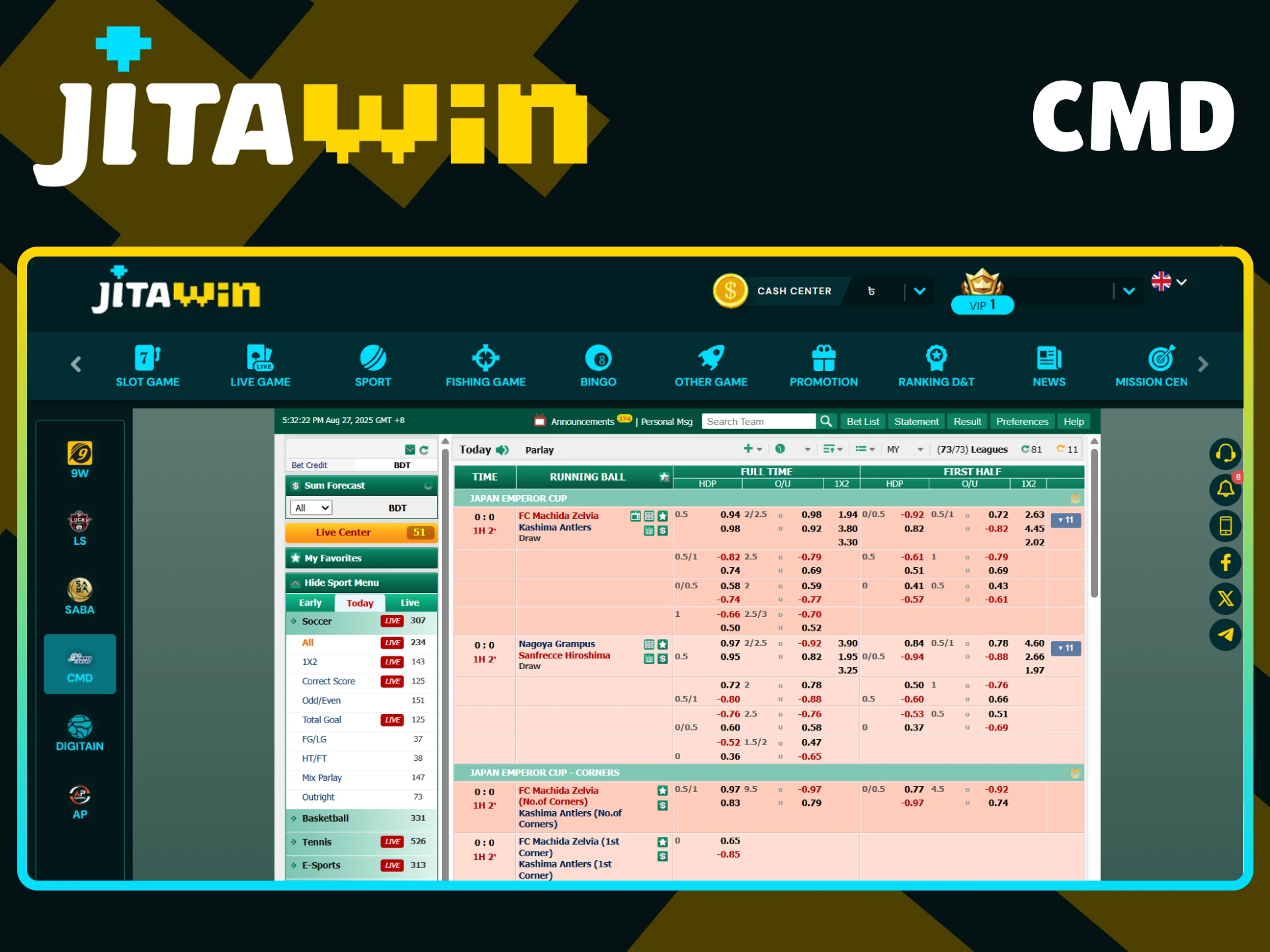 Place sports bets via CMD at the JitaWin bookmaker.