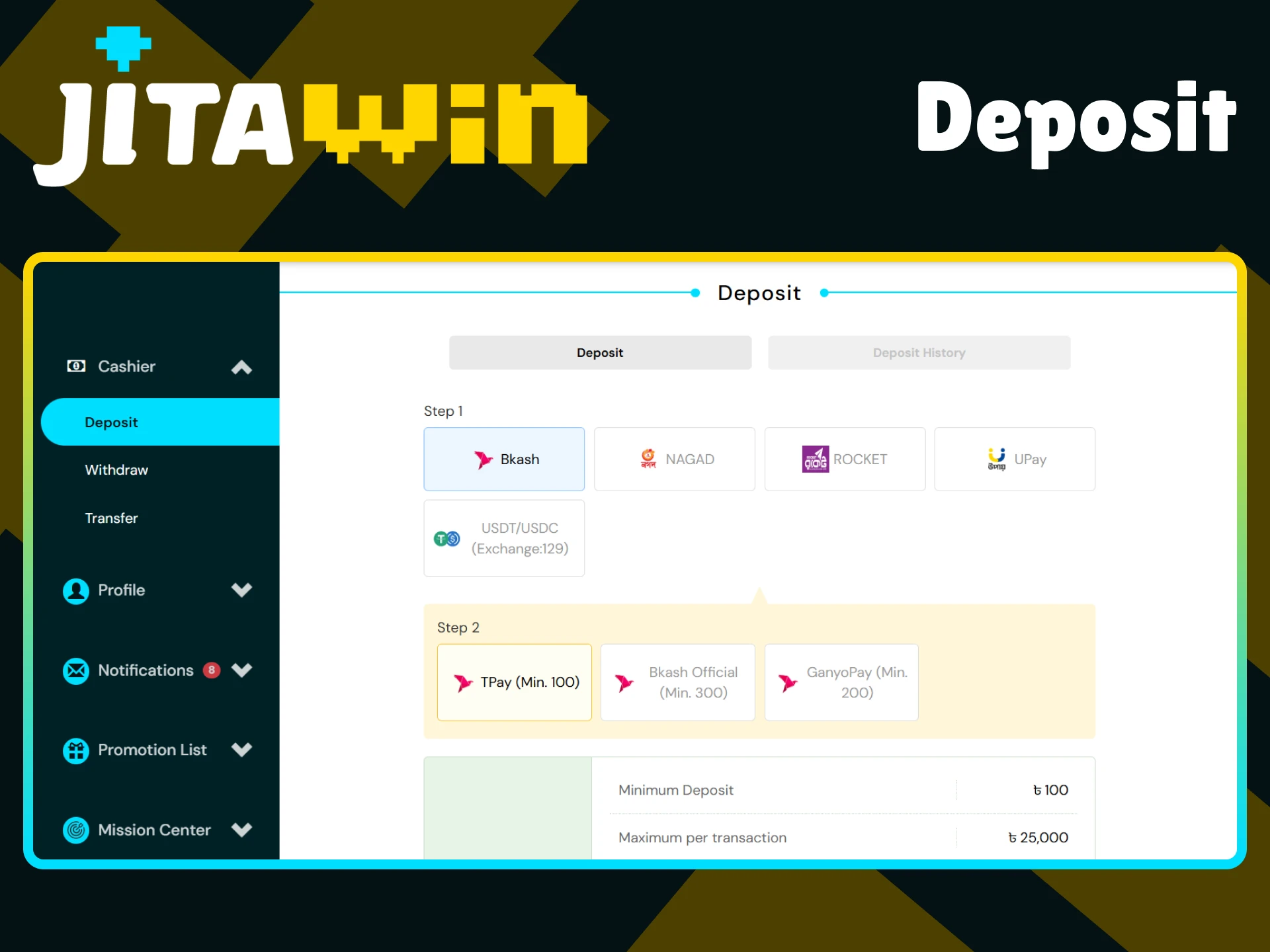 Select a payment method and make a deposit to JitaWin.